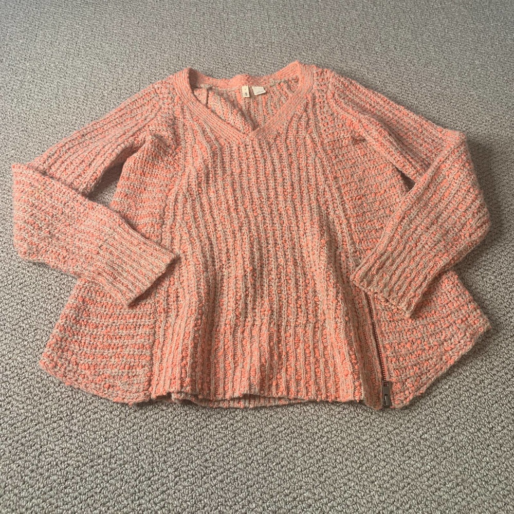 Moth Anthropologie Womens Sweater Sz XS Orange Zipped Stitch Boucle Cotton Wool‎